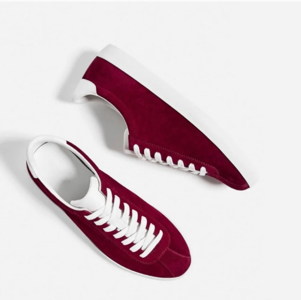 Excellent Used Condition Pair of Zara Woman Genuine Suede Burgundy Sneakers Sz38